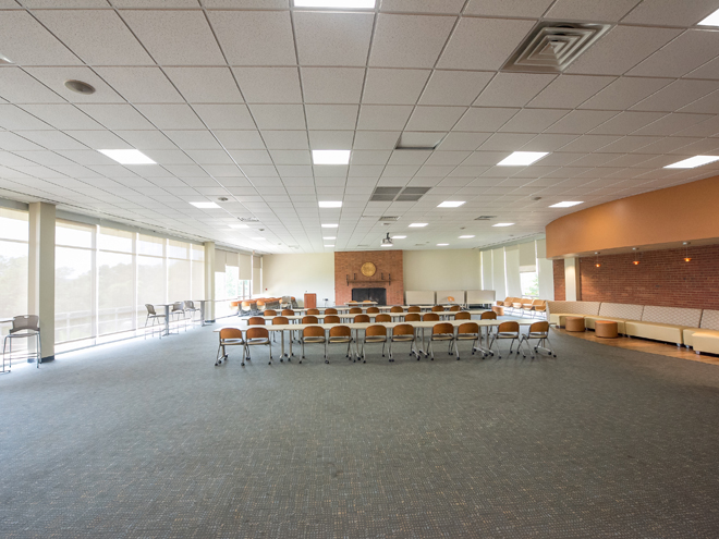Baird Lounge with tables and chairs set up