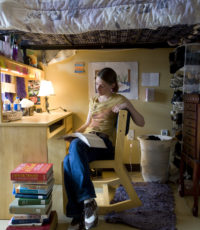 Erin Hay, '11, in her dorm room in Pearsons Residence Hall.  Hay is a contributing writer to the Berea College Magazine and was a student worker with Appalachian Heritage publication.Taken 20080502.
