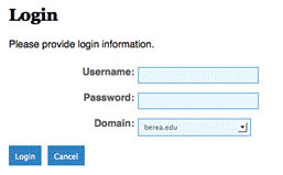 Screen shot of login space in Berea College password management page