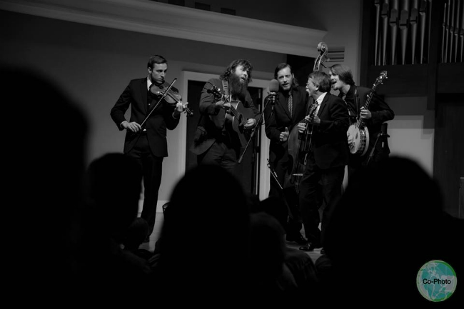 Bluegrass Music Ensemble concert in black and white