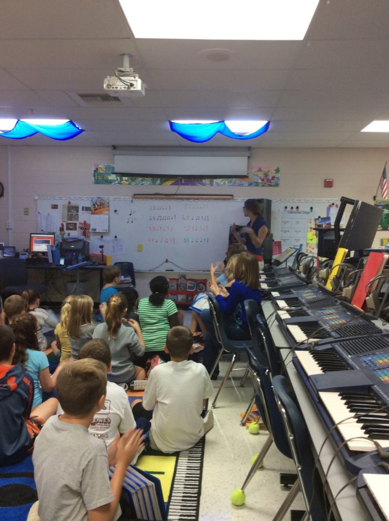 A girl teaching music to children