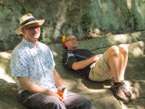 Scott Steele, Jim Strand sitting under a mountain at Cumberland falls