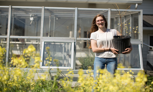 A student holding a plant in front of the greenhouse at Berea college