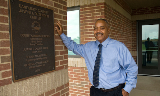 Dallas Leake, '77, in front of the Sandusky Juvenile Detention Center where he works as Director. Leake was one of the leading point guards for the Mountaineers. Making the KIAC all conference team and the KIAC district 32 all-star team in '76 and '77. Featured in the Fall 2008 Berea Magazine. Taken 20080929.