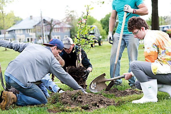 Sdudents planting trees on campus on earth day 2016.