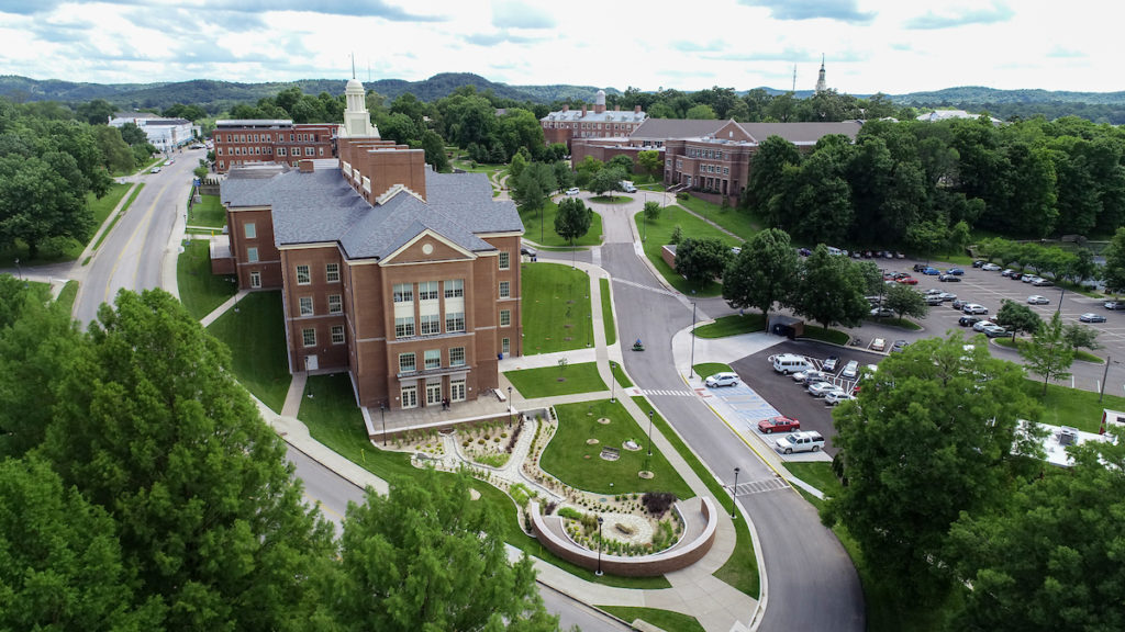 Aerial view of Berea's campus in the summer
