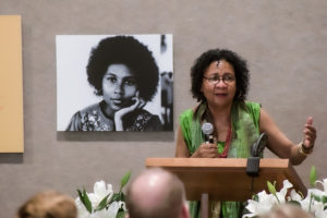 bell hooks presenting papers to Berea College in 2015